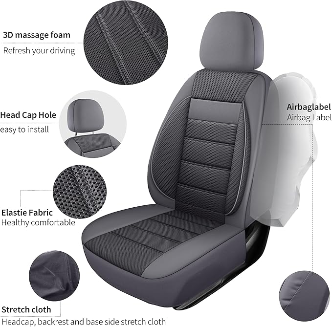Leather 3D Foam Back Support Car Seat Covers Full Set Air Mesh Automotive Seat Covers, All Season Car Seat Cover Fit Automotive,SUV,Sedan,Van, Airbag Compatible Elegance (Grey)