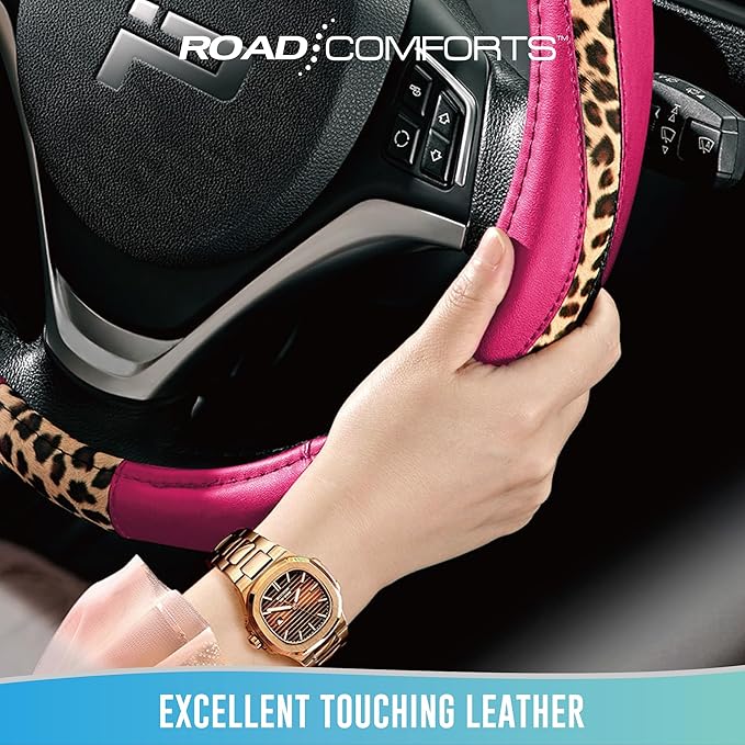 Road Comforts Steering Wheel Cover - Made with PVC Leather and Leopard Fabric - Universal 14 1/2 inches to 15 inches for Most Automotive Steering Wheel - Cheetah Print -Hot Pink