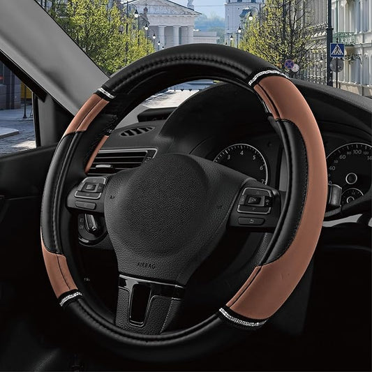 Road Comforts Leather Steering Wheel Cover - Made with PVC Leather - Anti-Slip, Universal Fit 14 1/2 inches to 15 inches - Brown