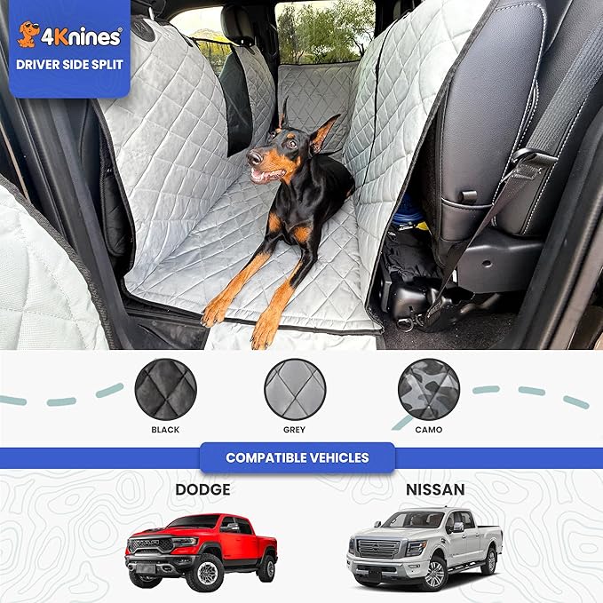 4Knines Dog Floor Hammock for Truck & Crew Cab with Fold Up Seats – Back Seat Pet Cover for Dogs – Compatible with Ram and Nissan Full Size Trucks (Driver Side Split, Grey)