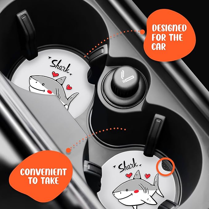 2 Pack Shark Car Cup Holder Coaster, Cute Car Interior Accessories Drink Coaster for Women & Men, Shark Lovers Themed Gifts Stuff Accessories Things Merchandise Items!