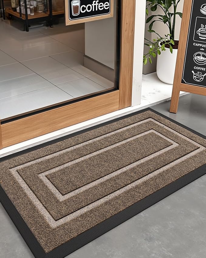 DEXI Front Door Mat Outside Entrance, Heavy Duty Rubber Backed Doormat, Stain and Fade Resistant, Low-Profile Easy Clean Entryway Floor Mats, 4x2, Rectangles Brown