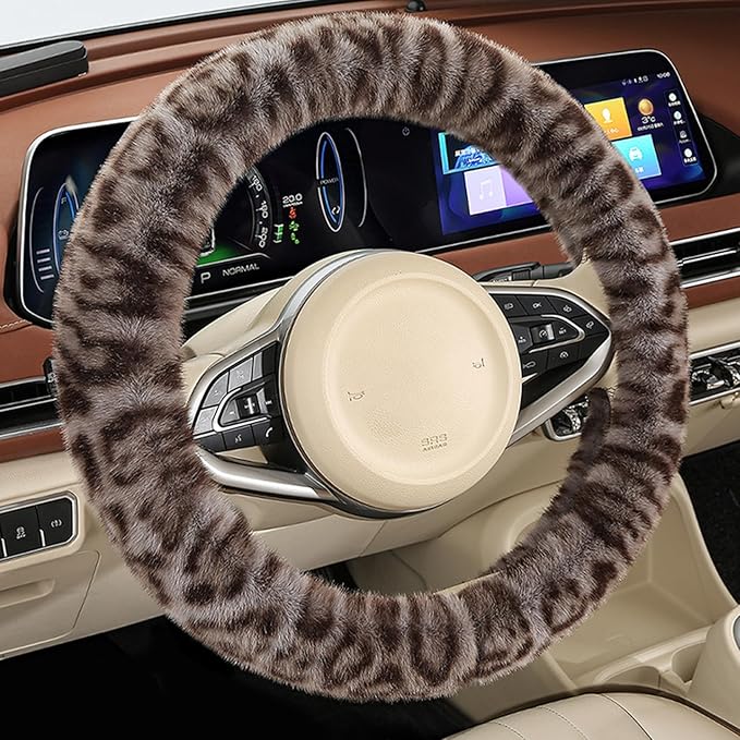 Fluffy Cheetah Car Steering Wheel Cover Luxurious Faux Fur Leopard Print Cute Wheel Protector Universal 15 Inch Fit for Vehicle, Car, Auto, SUV Winter Warm (Gray)
