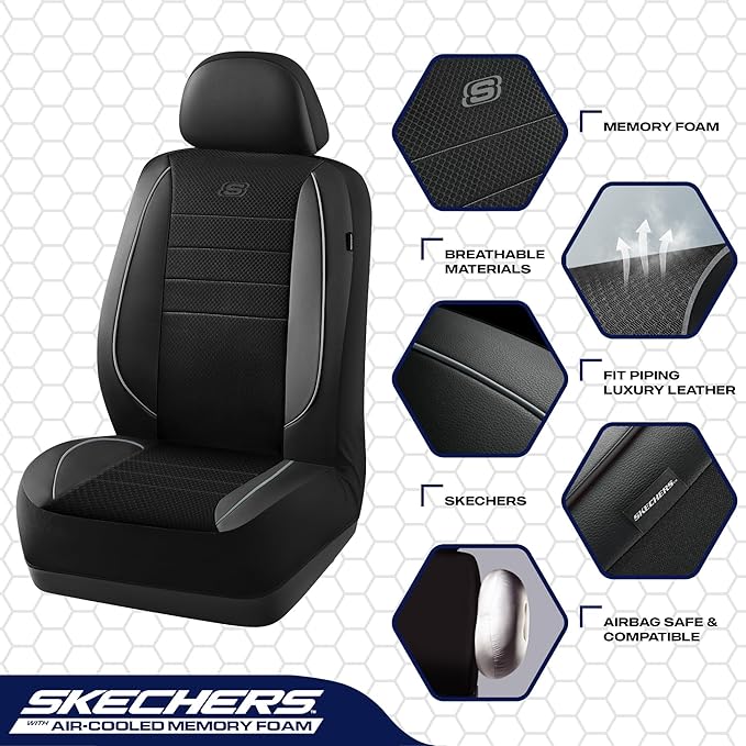 Skechers Air-Cooled Memory Foam Seat Covers,Mesh Thick Car Seat Covers,Piping Leather Car Seat Covers Front Seats,Airbag Compatible,Automotive ComfortUniversal Fit Most Cars,Vans,Truck,SUV,Gray