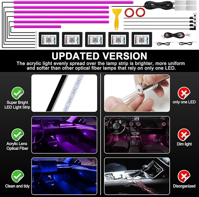 Acrylic Interior Car LED Strip Light with Wireless APP, 14 in 1 with 175 inches 593 LEDs Neon LED Strip Light, RGB Colors Dynamic Music Sync Car Ambient Lighting Kits