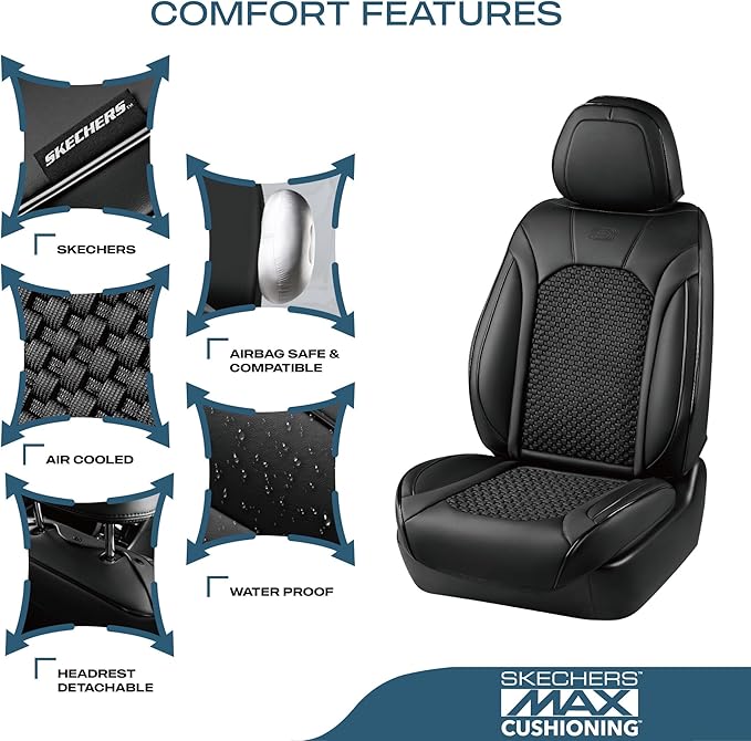 Skechers MAX Cushioning Car Seat Covers,Memory Foam Leather Seat Covers, Air Cooled Car Seat Cover Front Seats,Car Seat Cushion Airbag Universal Fit for Most Cars,Vans,Trucks,SUV,Black