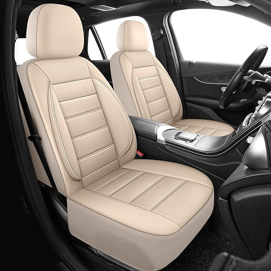 Leather Car Seat Covers Front Seats Only, 3D Foam Support Car Seat Covers, Universal fit for Trucks Vans SUVs Sedans Automotive Comfortable, Airbag Compatible (2PCS Front, Beige)