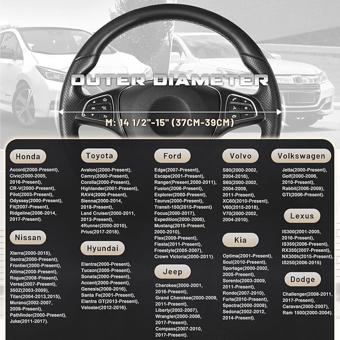 SEG Direct Car Steering Wheel Cover Universal Standard Size 14.5-15 inch, Black and White Microfiber Leather