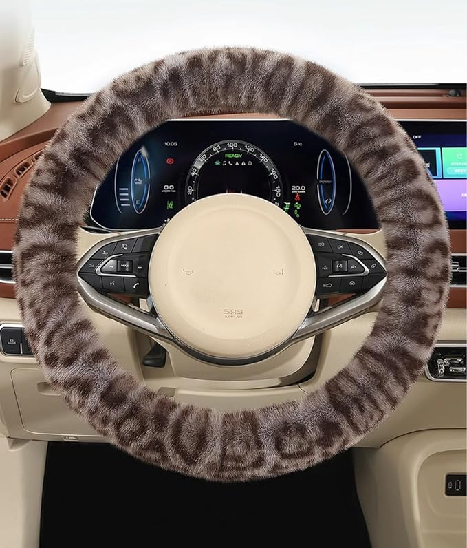 Fluffy Cheetah Car Steering Wheel Cover Luxurious Faux Fur Leopard Print Cute Wheel Protector Universal 15 Inch Fit for Vehicle, Car, Auto, SUV Winter Warm (Gray)