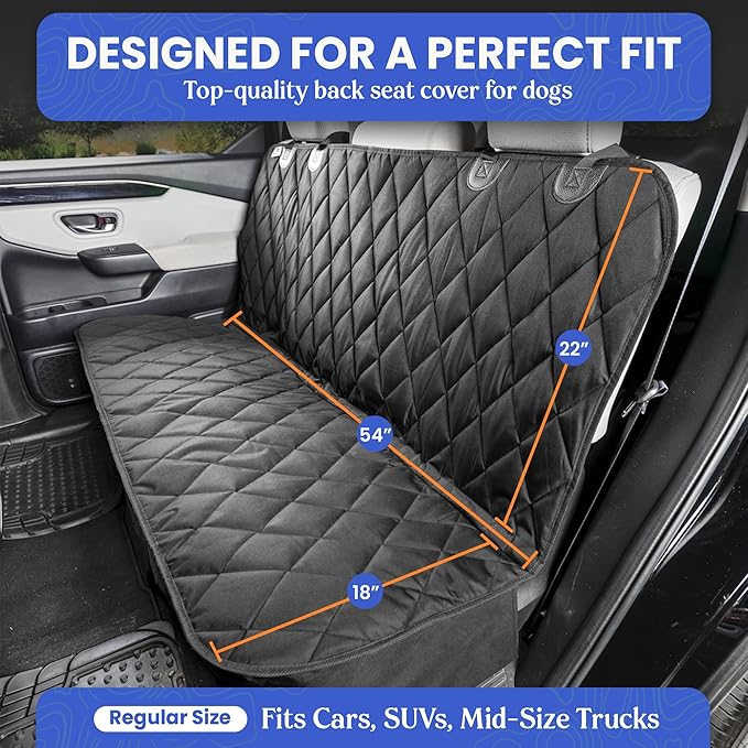 4Knines Back Seat Pet Cover for Dogs w/o Hammock – 54" Wide, Waterproof Car Seat Cover, Non-Slip, Heavy-Duty – Fits Cars, SUVs, Small Trucks – 2 Seat Belt & Latch Access – Back Seat Protector (Grey)