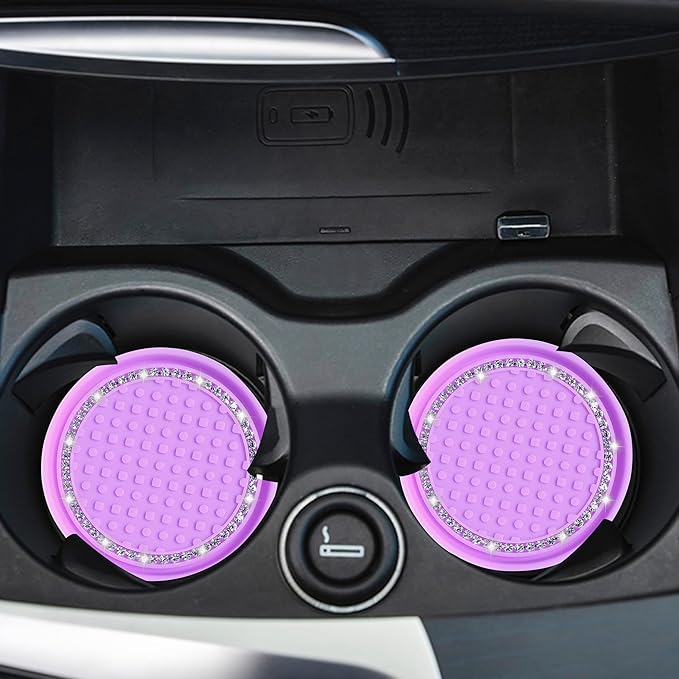 Amooca Car Cup Coaster 4 Pack Universal Non-Slip Cup Holders Insert Coasters Bling Crystal Rhinestone Car Interior Accessories Purple Dots
