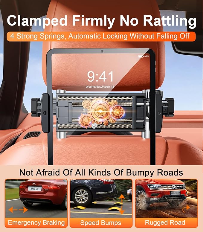 Extension Arm Tablet Holder for Car Headrest, Adjustable iPad Holder for Car Backseat Rear Facing for Kids Baby, Car Mount Fit for 4.7"-13" Cell Phone iPad mini Air Pro 12.9 Switch Fire, Black