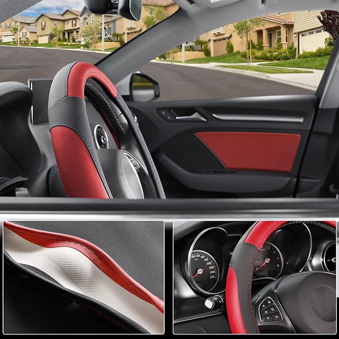 SEG Direct Car Steering Wheel Cover for Prius Civic Model 3 Model Y Camaro, Small Size 14-14.25 inch, Black and Red Microfiber Leather