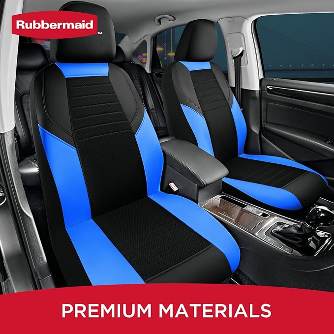Rubbermaid Car Seat Cover, Leather & Air-Cool Mesh Front Seat Cover, Airbag Compatible, Slip-On Installation, Automotive Seat Cover Universal Fit for Most Cars, Trucks, SUVs-Blue