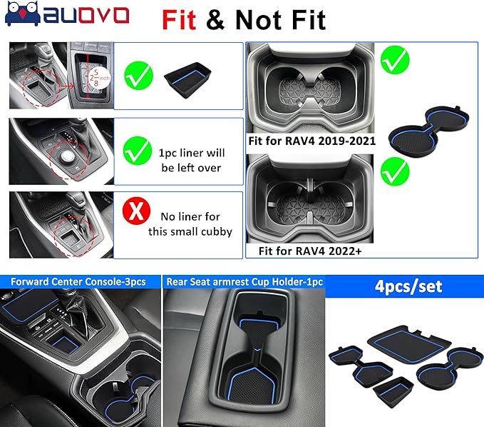Auovo 3D Cup Holder Insert Liners Compatible with Toyota RAV4 Accessories 2025 2024 2023 2022 2021 2020 2019 Car Custom Cup Holder Mats Pads 4-pc Set (Blue Trim)