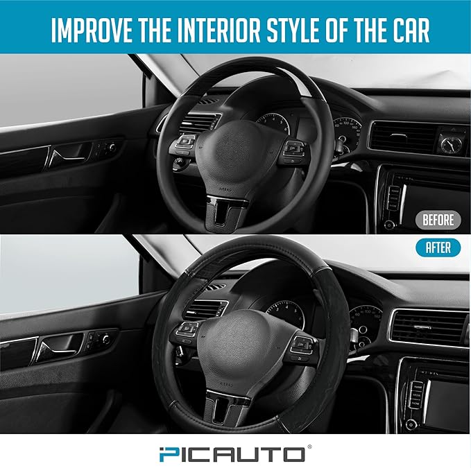 PIC AUTO Steering Wheel Cover, Silk Grain Leather Car Steering Wheel Protector, Comfortable Grip, Universal 14.5-15.5 Inch Anti-Slip Steering Wheels Accessories for Men & Women (Black)