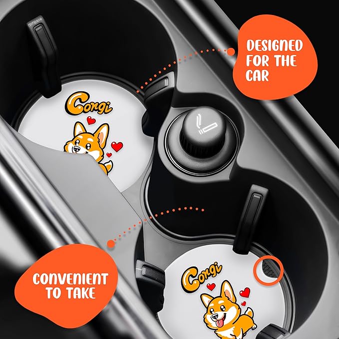 2 Pack Corgi Car Cup Holder Coaster, Cute Car Interior Accessories Drink Coaster for Women & Men, Corgi Lovers Themed Gifts Stuff Accessories Things Merchandise Items!