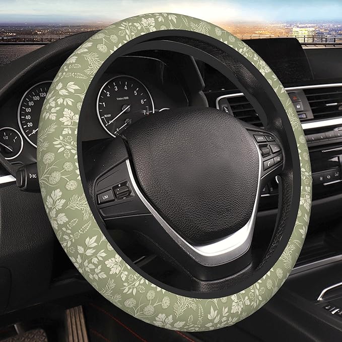 Green Leaf Plant Steering Wheel Cover for Women, Universal 15 inch Breathable Anti Slip Steering Wheel Covers for Cars, Auto, SUVs