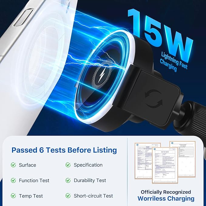 Wireless Car Charger, 15W Fast Car Mount Charger for iPhone 17/16/15/14/13/12/11/10/9/8 Series & Samsung, Auto-Clamping Magnetic Car Phone Holder with Fast Charging for Car & Home Use,Black