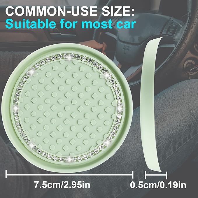 Amooca Car Cup Coaster 4 Pack Universal Non-Slip Cup Holders Insert Coasters Bling Crystal Rhinestone Car Interior Accessories Tea Green Dots