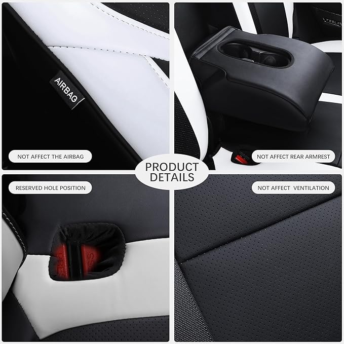 Suitable for Tesla Model Y Seat Covers, Waterproof Faux Leather Car Seat Covers Full Set for Tesla Model Y 2020 2021 2022 2023 2024 (Black+ White)
