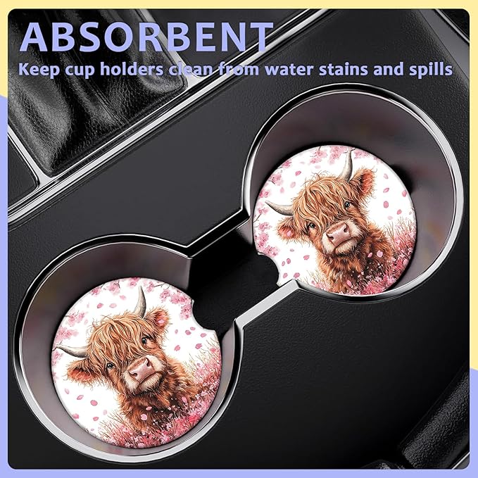 2 Pack Car Cup Holder Coaster-Highland Cow Absorbent Ceramic Coaster,Cherry Blossom Car Coasters for Cup Holders,Auto Accessories for Women & Men