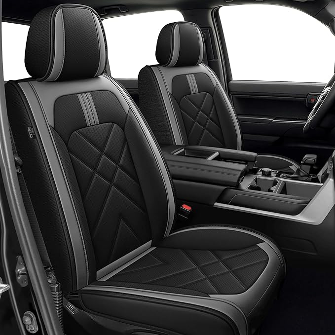 AOMSAZTO Seat Covers Custom Fit for 2022-2025 2026 Toyota Tundra Crewmax Double Cab Breathable Leather Truck Car Seat Covers Full Set (Black&Grey)