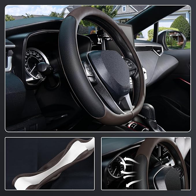 SEG Direct D Shaped Steering Wheel Cover for 14.5-15 inch Flat Bottom Wheels, Breathable Perforated Microfiber Leather, Anti-Slip Grip, Universal Fit for Cars & SUVs, Black and Brown