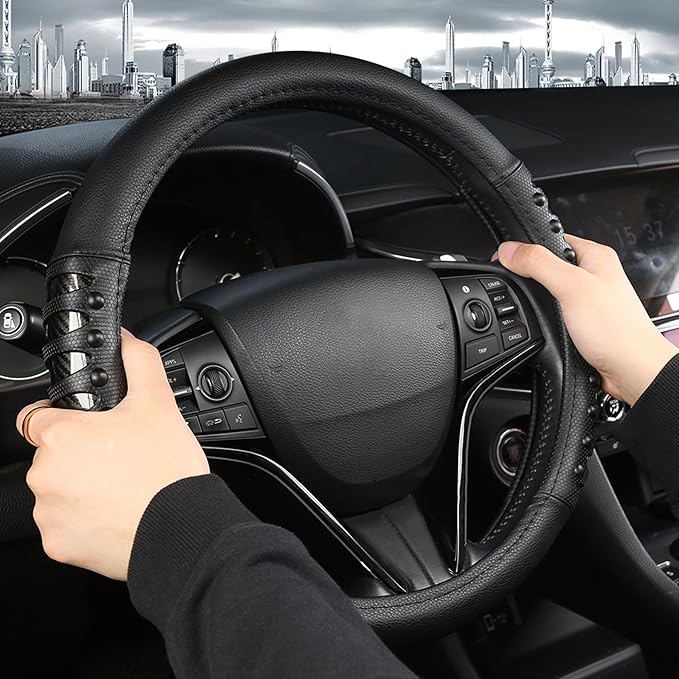 West Llama Microfiber Leather Car Steering Wheel Cover for Men Women,Universal Fit 15.5-16 inch(Leather Nails-Black-Large Size)