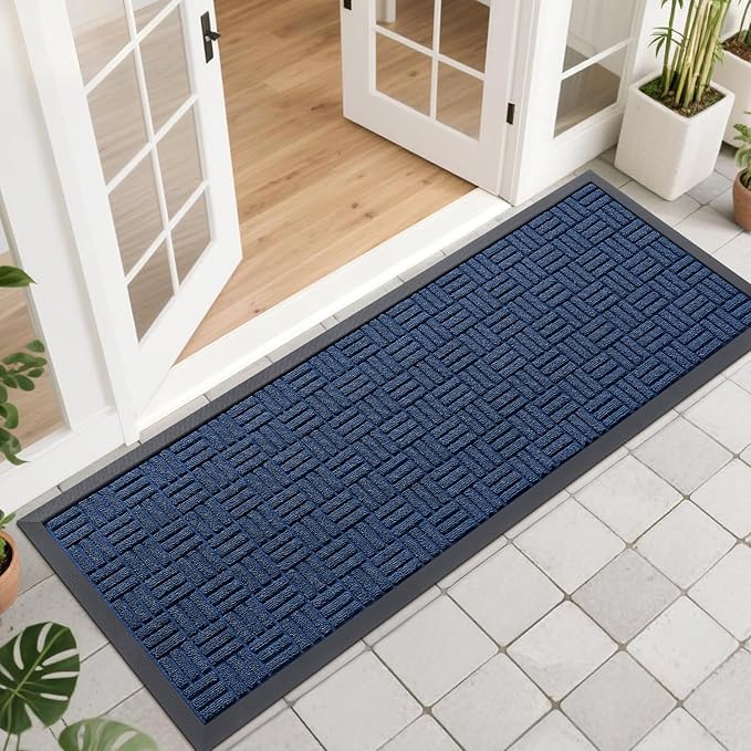 OLANLY Front Door Mat Outside Entrance 47x17, Absorbent, Heavy Duty Sturdy Natural Rubber Doormat Indoor Outdoor, Non-Slip, Stain and Fade Resistant, Low Profile Floor Mat for Entryway, Navy Blue