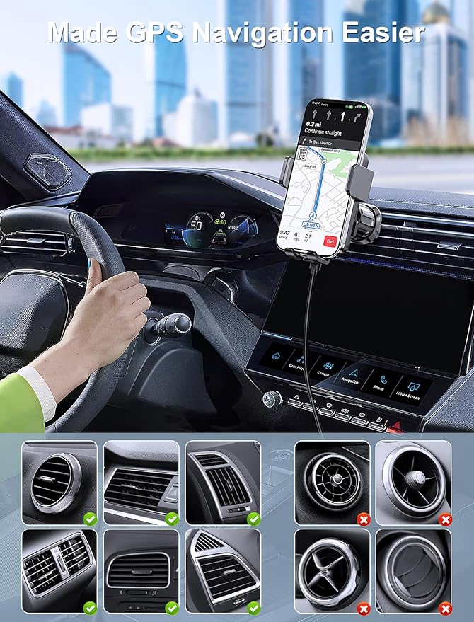 Wireless Car Charger, MOKPR 15W Fast Charging Auto Clamping Air Vent Car Phone Holder with LED Light Car Charger for iPhone 16 15/14/13/12 Pro Max Plus, Samsung S23/S22/S21,etc