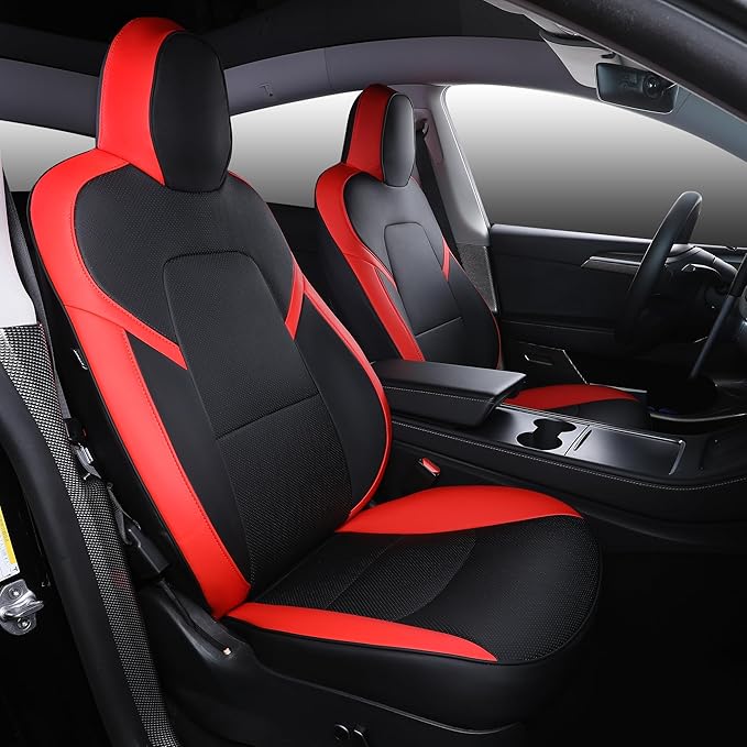 Suitable for Tesla Model Y Seat Covers, Waterproof Faux Leather Car Seat Covers Full Set for Tesla Model Y 2020 2021 2022 2023 2024 (Black+Red)