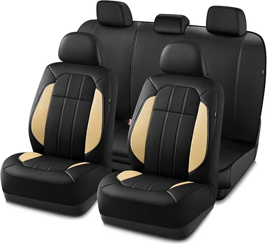 Road Comforts Car Seat Covers, Breathable Leather Seat Covers, Car Seat Covers Full Sets Airbag Compatible, Automotive Seat Covers for Most Cars, Vans, Trucks, SUV - Beige