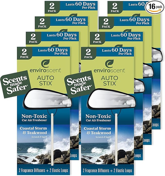 Enviroscent Non-Toxic Car Air Freshener | Natural Car Air Freshener | Essential Oil Diffuser | Car Scent Lasting Over 480 Days | 8 Packs of 2 Hanging Auto Stix (Coastal Storm & Teakwood)