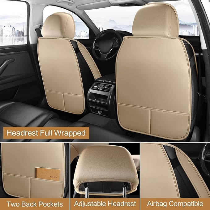 Pariitadin Leather Car Seat Covers Front Pair, Waterproof Breathable Faux Leather Automotive Seat Covers for Cars, Non-Slip Car Interior Covers Universal Fit Most Cars Sedans Trucks SUVs, Beige