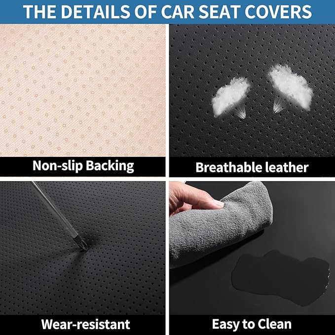 Leather Car Seat Covers Full Set Breathable Automotive Seat Covers Waterproof Seat Protectors Universal Fit for Most Automotive Cars SUV Trucks(Black, Full Set)