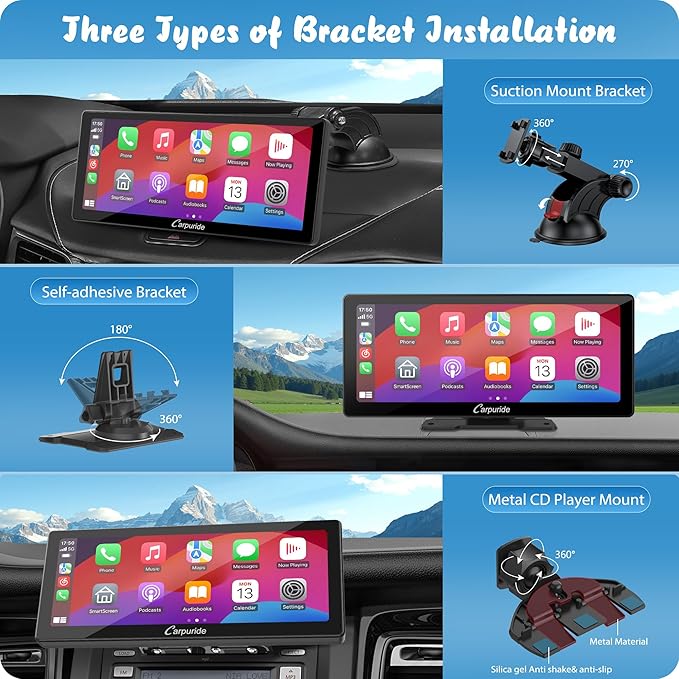 Carpuride W103 Pro with Wireless Bluetooth Transmission Portable Carplay & Android Auto Car Stereo, 10.3 inch 1080P Touch Screen, Mirror Link/GPS/Siri/FM, with 3 Bracket