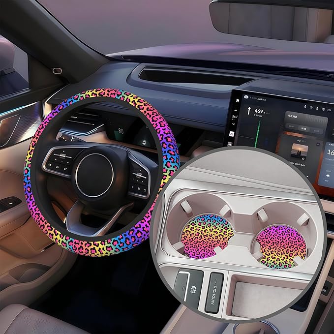 Rainbow Leopard Print Steering Wheel Cover for Women, Anti-Slip Car Steering Wheel Cover with 2 Pcs Cup Holders Neoprene Breathable Car Accessories Universal 15 Inch Auto Interior Decor