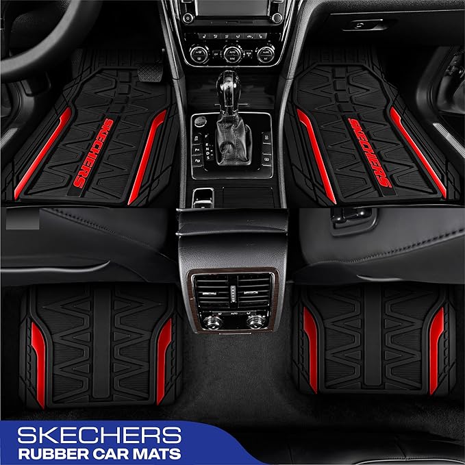 Skechers Car Floor Mats,Heavy Duty Rubber Car Mats Full Set,All Weather Floor Mats,Waterproof Trim to Fit Universal Floor Liner Car Accessories,Automotive Floor Mats for Cars Trucks SUV,Red