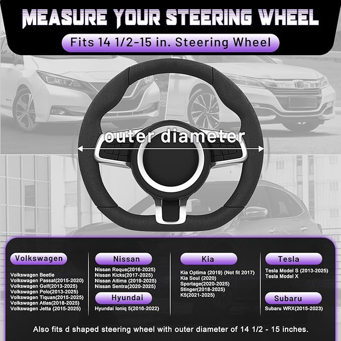 SEG Direct D Shaped Steering Wheel Cover for 14.5-15 inch Flat Bottom Wheels, Breathable Perforated Microfiber Leather, Anti-Slip Grip, Universal Fit for Cars & SUVs, Black and Light Purple