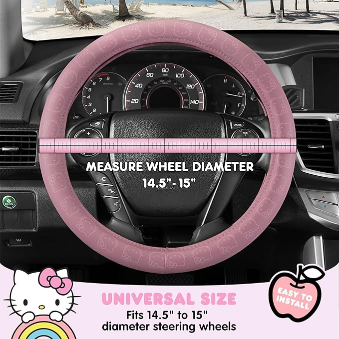 Sanrio Hello Kitty Pink Car Steering Wheel Cover, Universal Fit Cute Car Accessories for Women Stylish Decor Gifts Hello Kitty Accessories - Fits Standard Wheels 14.5"-15"