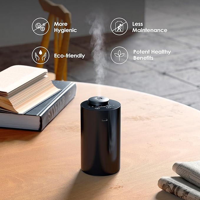 Airversa Waterless Diffuser for Essential Oil, Battery Operated Nebulizer, 0.7 Fl.Oz./ 20mL Capacity, Mini Scent Air Machine, 3 Countdown Timers & 3 Mist Levels for Home, Room, Car, Office - AN6 Black