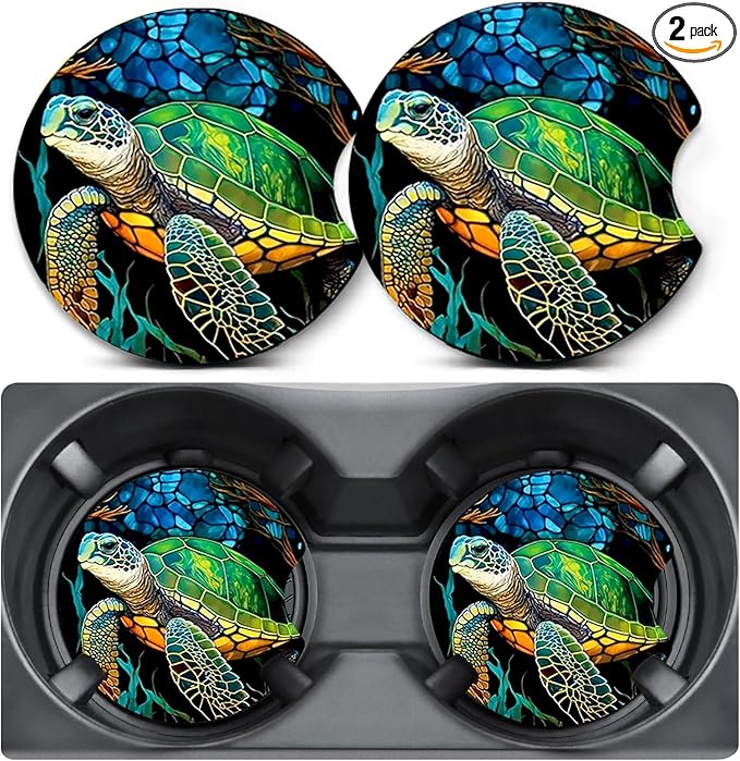 2 Pack Car Coasters for Cup Holders,Turtle Car Cup Holder Coasters,2.75" Universal Size Anti Slip Rubber Mat,Car Cup Holder Decal Decor,Car Accessories Interior,Turtle Gifts for Men,Women