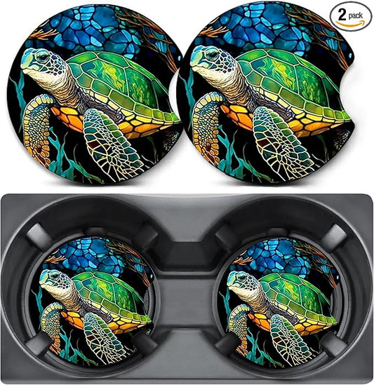 2 Pack Car Coasters for Cup Holders,Turtle Car Cup Holder Coasters,2.75" Universal Size Anti Slip Rubber Mat,Car Cup Holder Decal Decor,Car Accessories Interior,Turtle Gifts for Men,Women