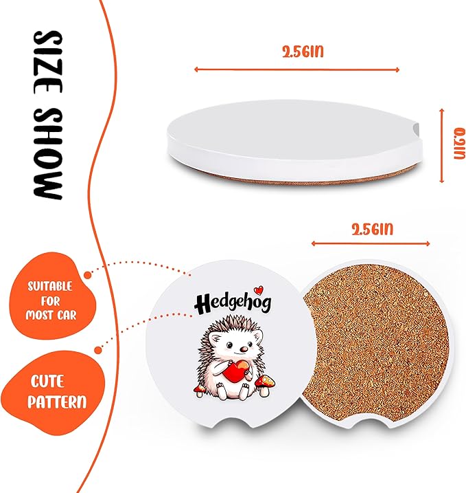2 Pack Hedgehog Car Cup Holder Coaster, Cute Hedgehog Car Interior Accessories Drink Coaster for Women & Men, Hedgehog Lovers Themed Gifts Stuff Accessories Things Merchandise Items!