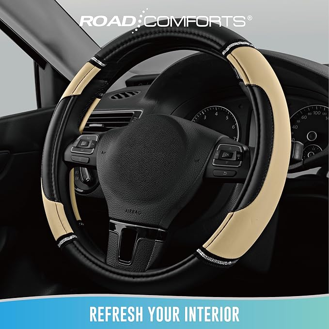 Road Comforts Leather Steering Wheel Cover - Made with PVC Leather - Anti-Slip, Universal Fit 14 1/2 inches to 15 inches - Beige