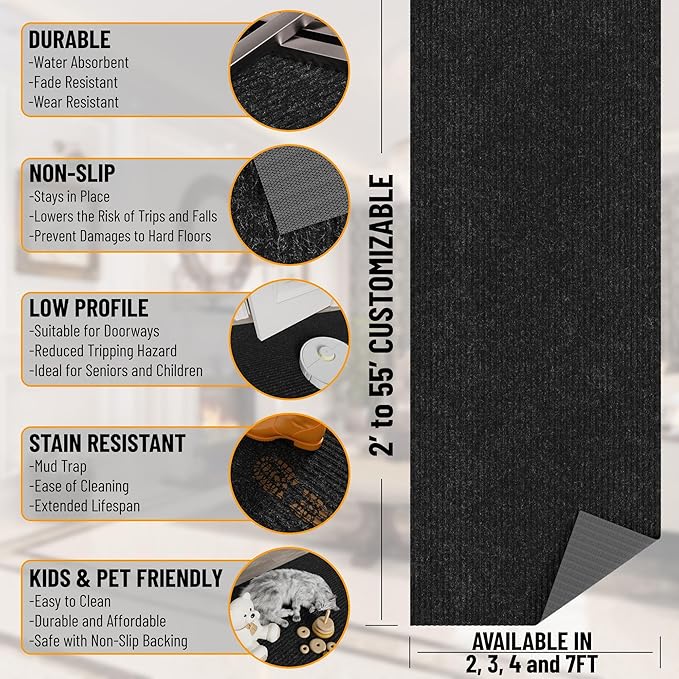 Ottomanson Non Slip Rug with Scraper Pile Durable for Indoor and Outdoor Use 2'7" x 9'10" Hallway Runner Mat - Ideal for Kitchen, Entryway, Patio & Garage - High-Traffic Carpet, Black