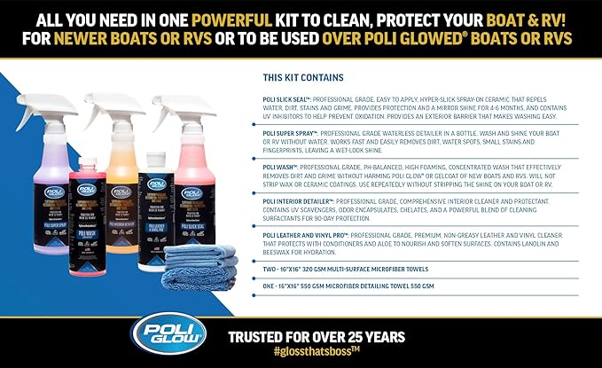 Poli Glow® 16 oz Vehicle Detailing Kit – All-in-One Cleaner & Protectant Set for Cars, Boats & RVs – Includes Interior, Exterior, Leather & Ceramic Detailers + Microfiber Towels – 7-Piece Kit