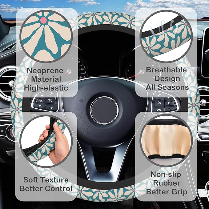 Vintage Blue Flower Steering Wheel Cover for Women, Anti-Slip Car Steering Wheel Cover with 2 Pcs Cup Holders Neoprene Breathable Car Accessories Universal 15 Inch Auto Interior Decor