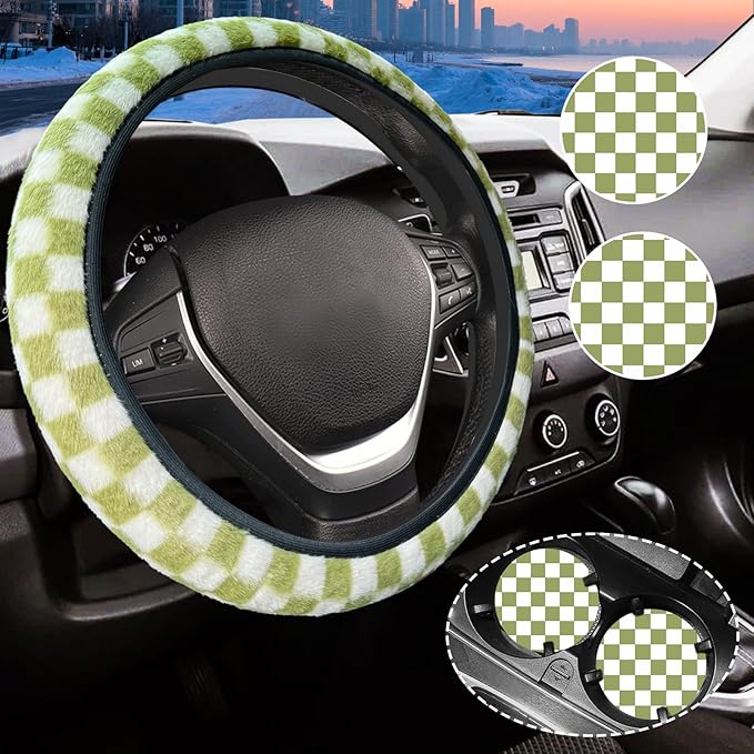 Green and White Checkered Fuzzy Steering Wheel Cover for Women, Universal Auto Steering Wheel 14-15 Inch Soft Warm Car Interior Accessories with 2PCS Car Coasters, Suitable for Men and Women